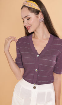 ZARIA Scalloped-Neck Knit Top (Purple)
