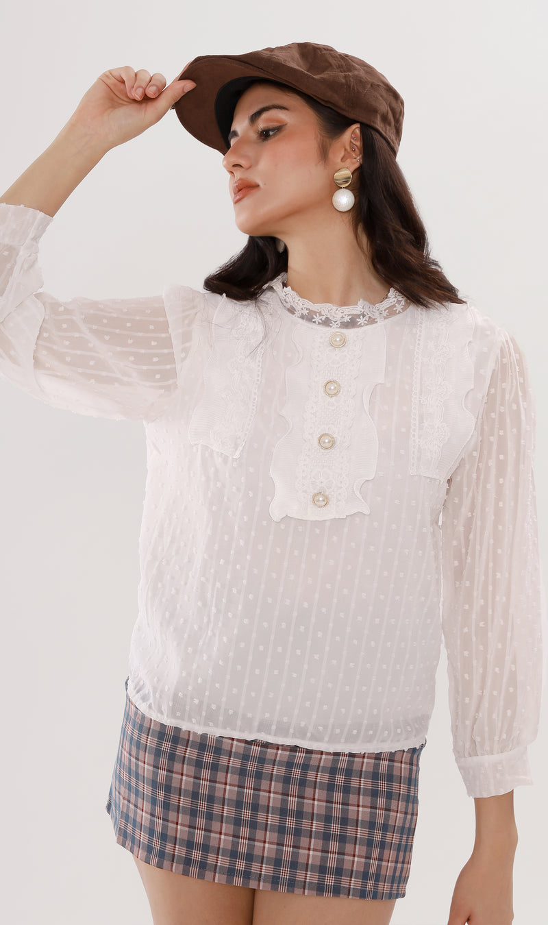 ALORA Lace-Trimmed Long-Sleeve Top (White)