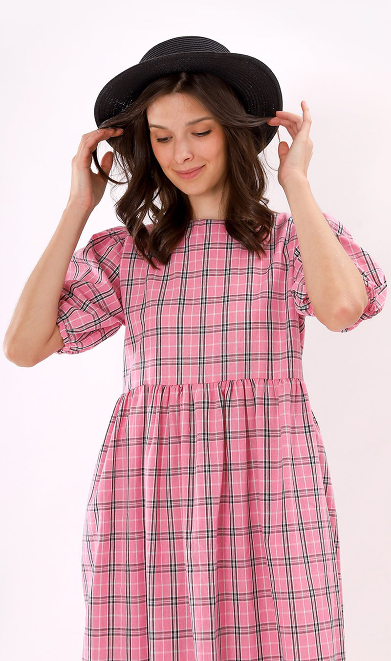 HAISLEY Puff-Sleeve Plaid Maxi Dress (Pink)