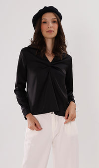 ELLIS Ruched-Front Collared Top (Black)