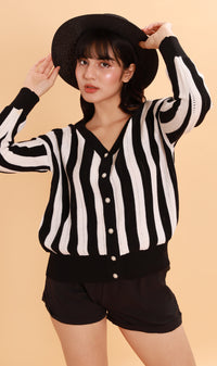 AUDREY Striped Button-Down Cardi (Black/White)