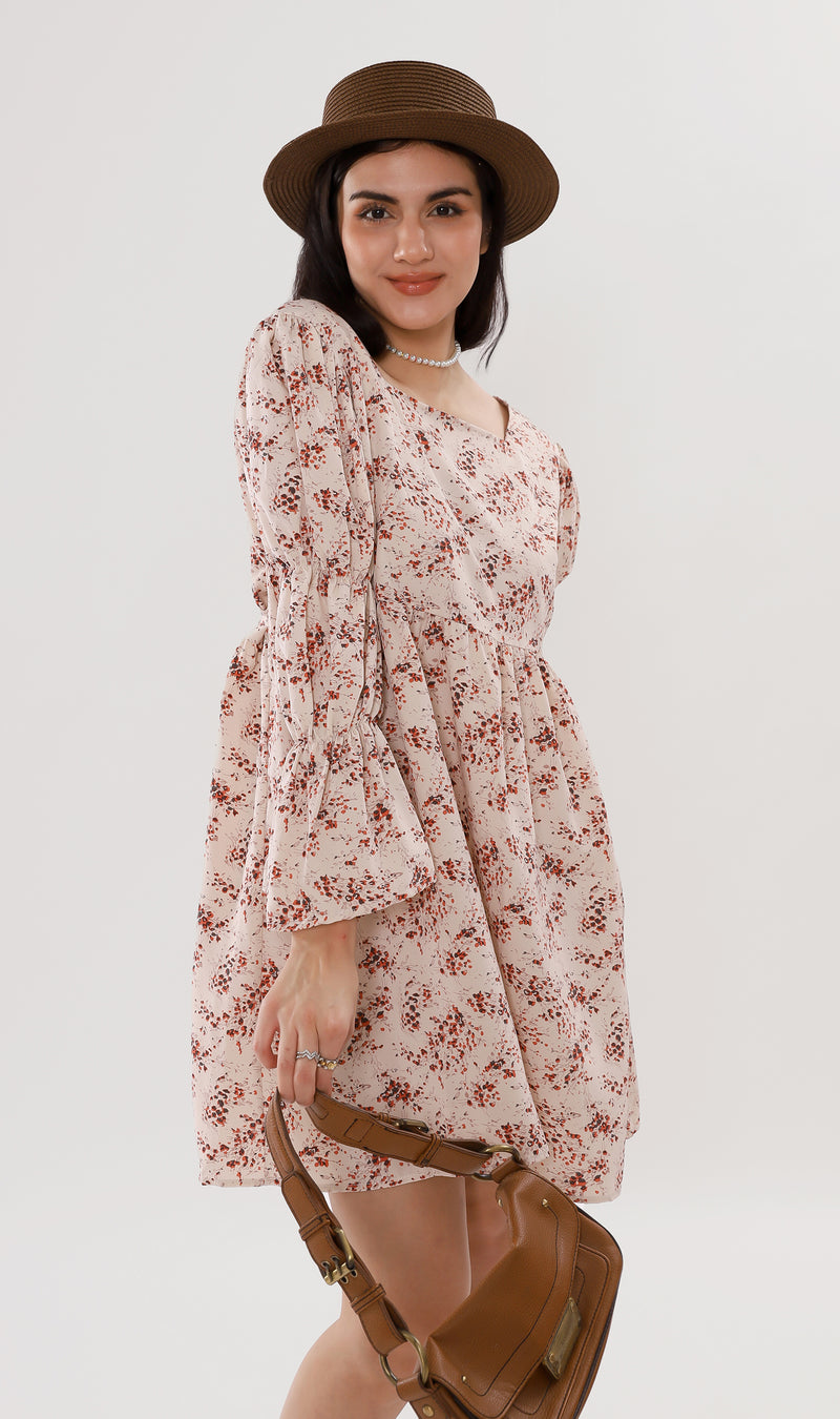 VALERIE Tiered-Sleeve Floral Dress (Cream)