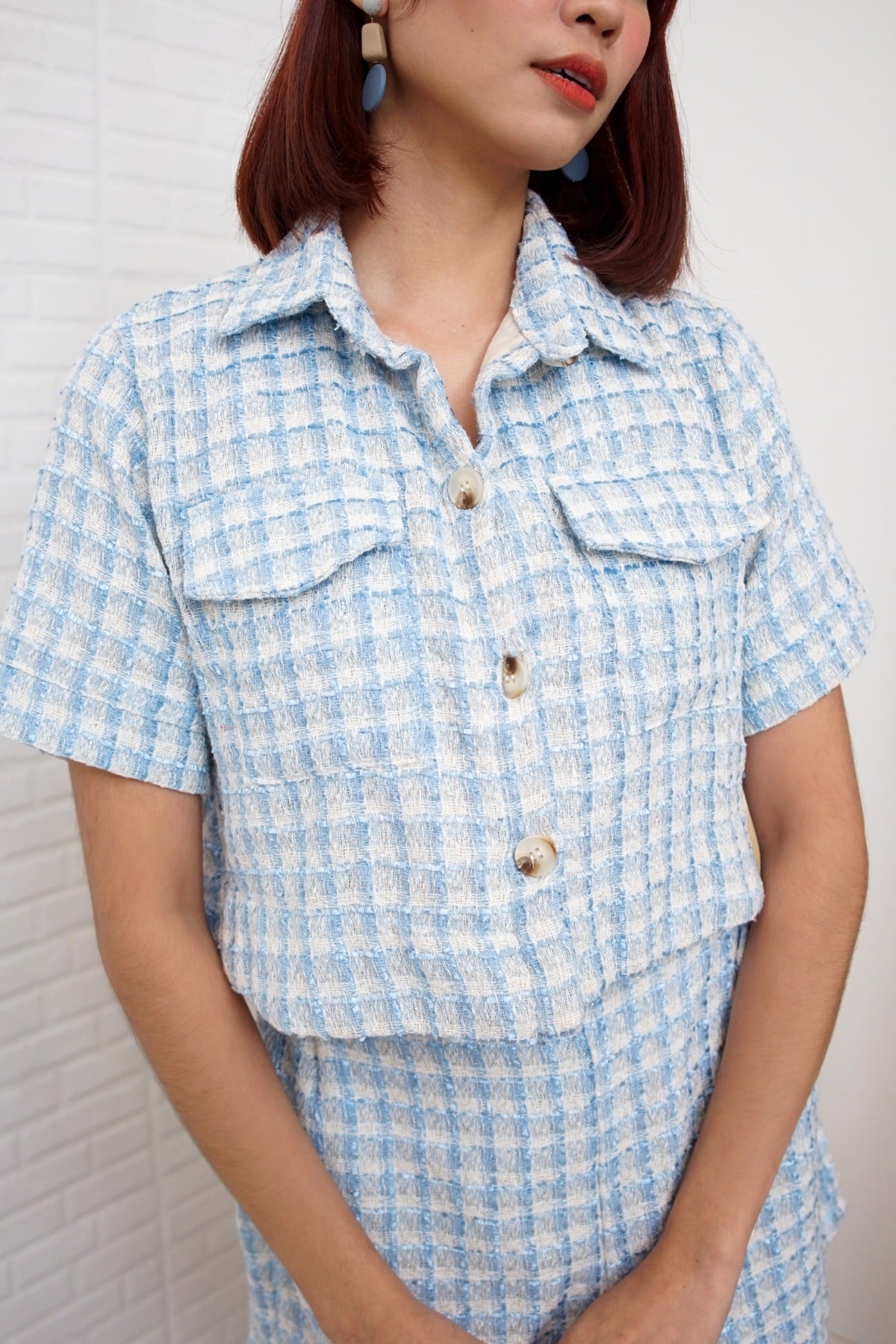 LEIGHTON Front-Pocket Tweed Blazer Top & Shorts Co-ord (Powder Blue)