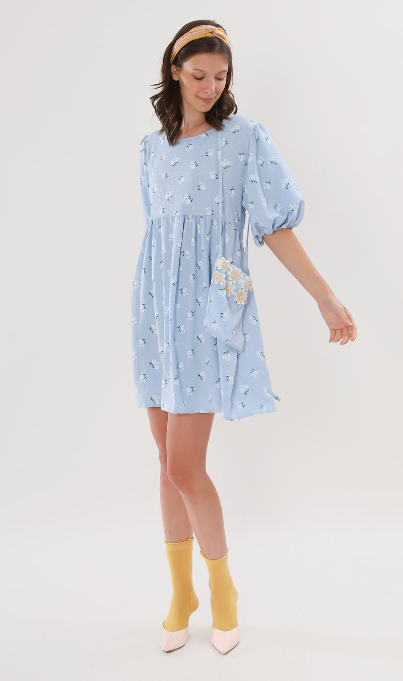 YANA Floral-Print Puff-Sleeve Babydoll Dress w/ Bag (Powder Blue)