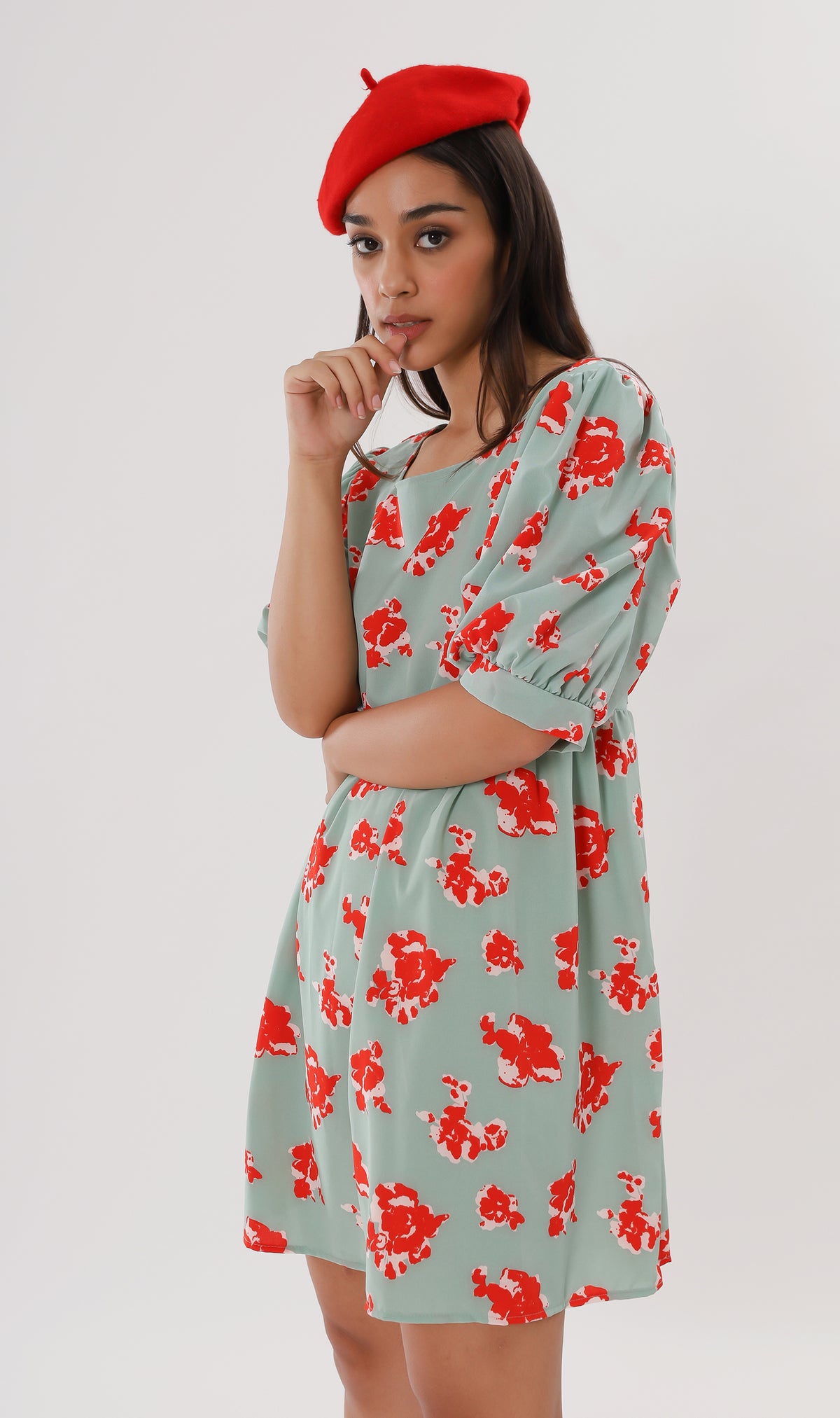 ALINA Floral-Print Puff-Sleeve Dress (Mint & Red)