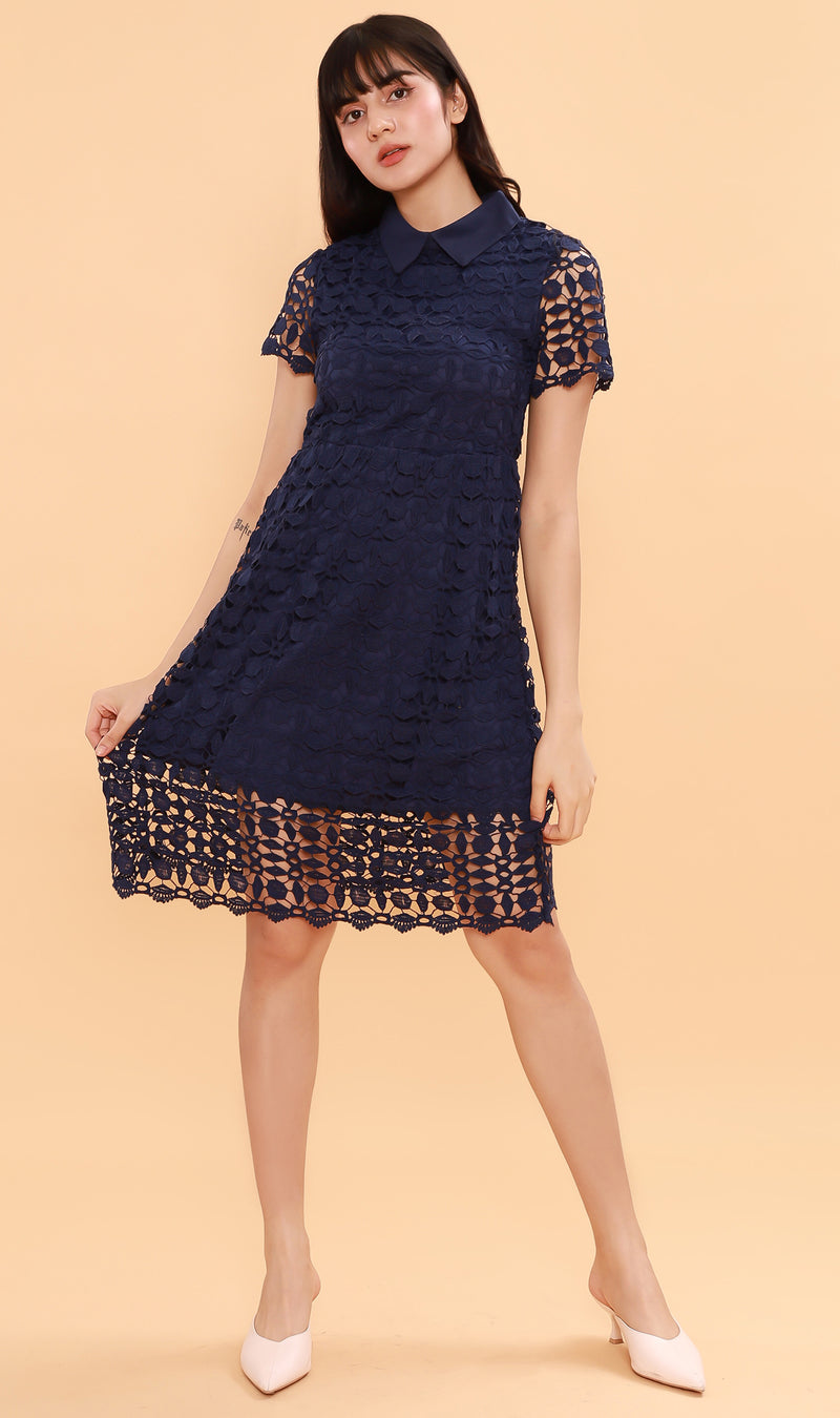 VICTORIA Lace Overlay Dress (Navy) 1930 Clothing VICTORIA Lace Overlay Dress (Navy) 1930 Clothing