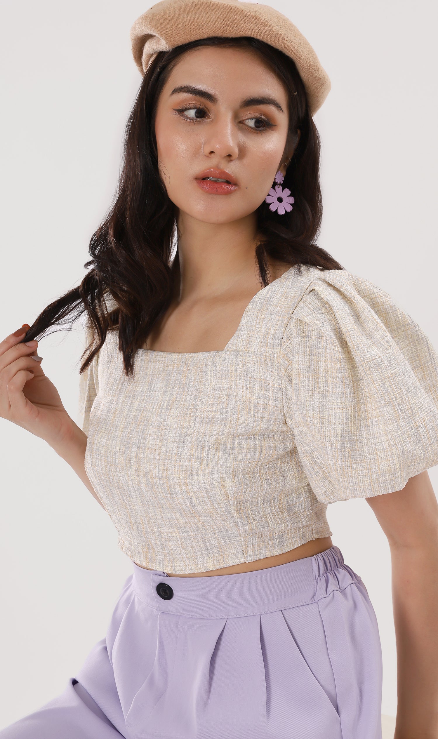 SASHA Tweed Puff-Sleeve Crop Top (Oat) – 1930 Clothing