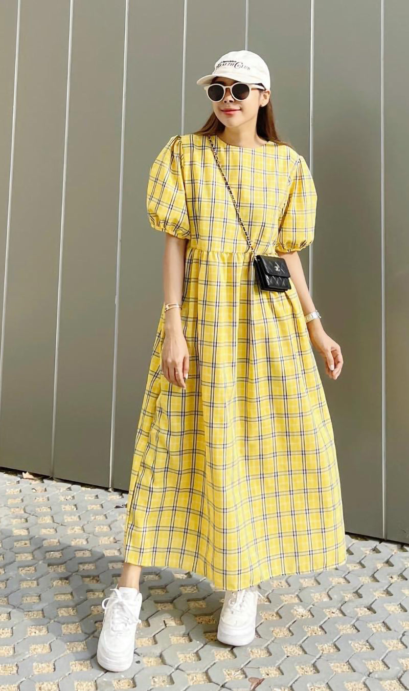 HAISLEY Puff-Sleeve Plaid Maxi Dress (Yellow)