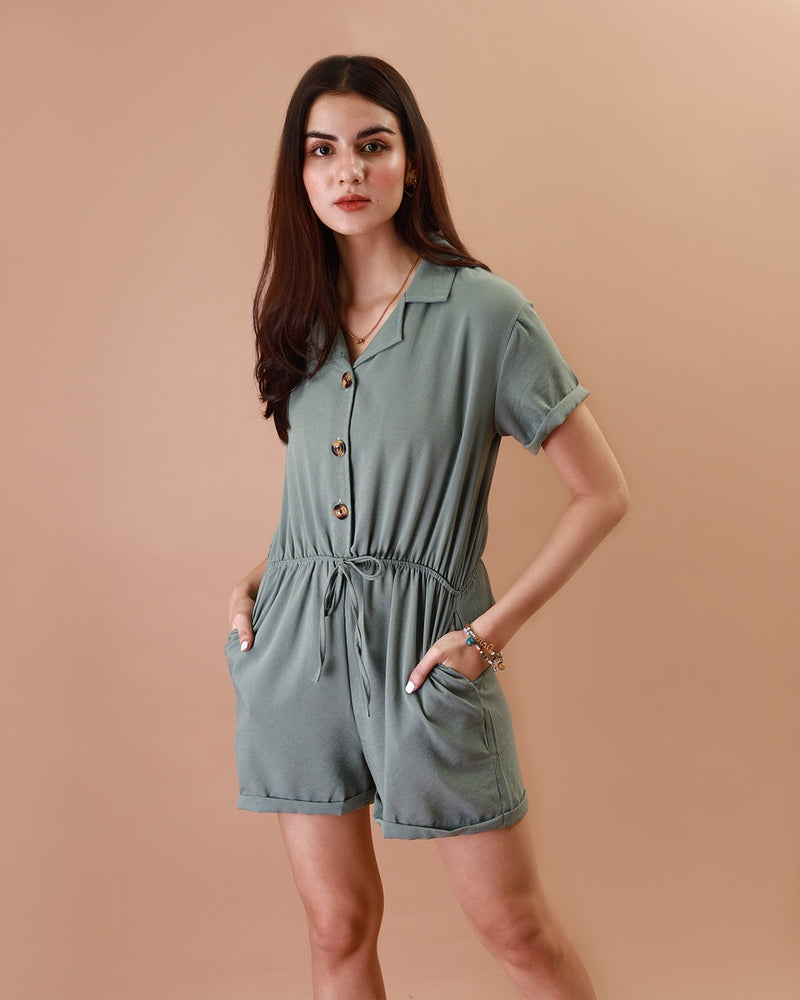 WREN Buttoned Romper (Deep Sage)