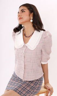 FAY Prairie-Collar Tweed Blazer Top(Pink)