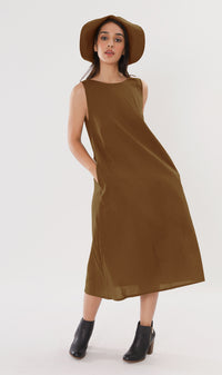 MAZIE Low-back Linen Midi Dress w/ Hat (Nutmeg)