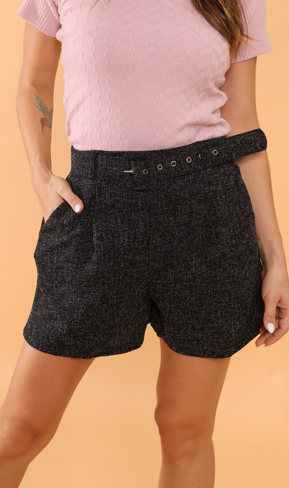 LUCILLE Tweed Belted Shorts (Black)
