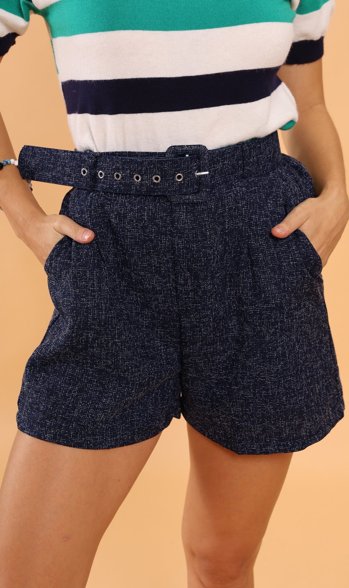 LUCILLE Tweed Belted Shorts (Dark Blue)
