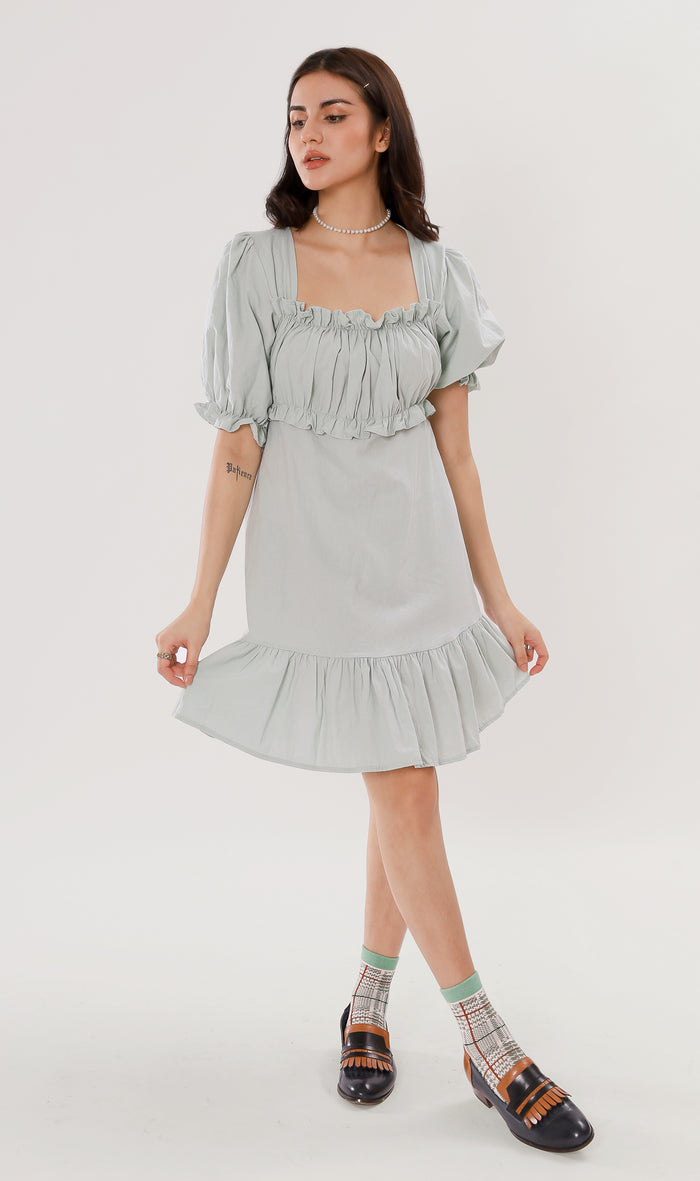 CLAUDETTE Ruched-Bust Ruffled Dress (Mint)