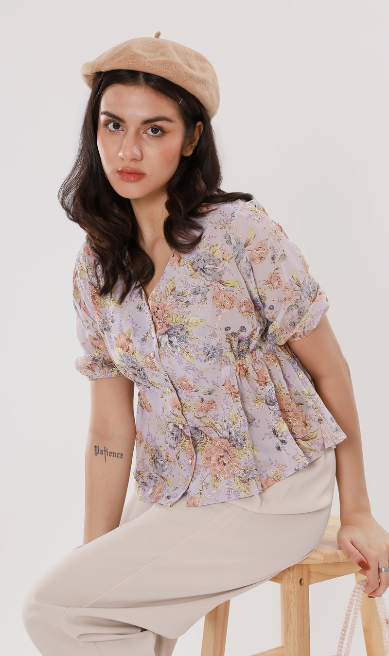 YNA Button-Down Embroidered Chiffon Top (Lilac)