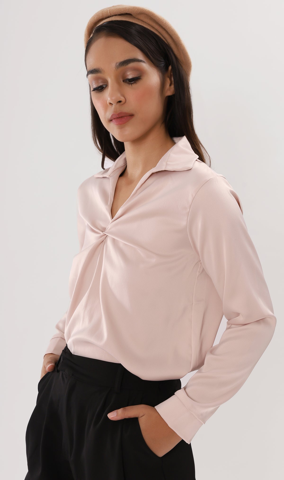 ELLIS Ruched-Front Collared Top (Champagne)