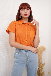 JANE Cropped Button-Down Eyelet Top (Tangerine Orange)