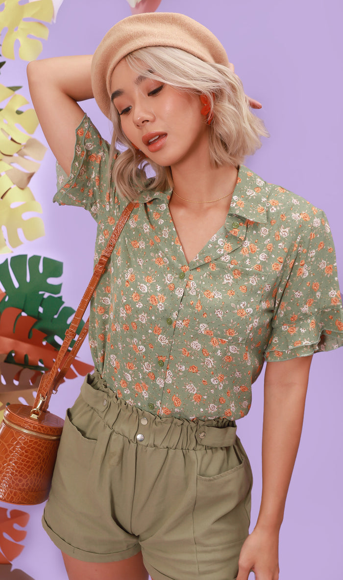 PORTIA Floral Collar Shirt (Sage)