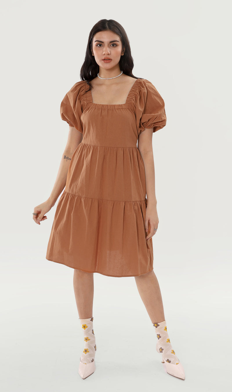 SOLANGE Linen Puff-Sleeve Dress (Cinnamon)