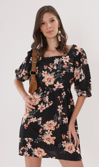 ALINA Floral-Print Puff-Sleeve Dress (Black)