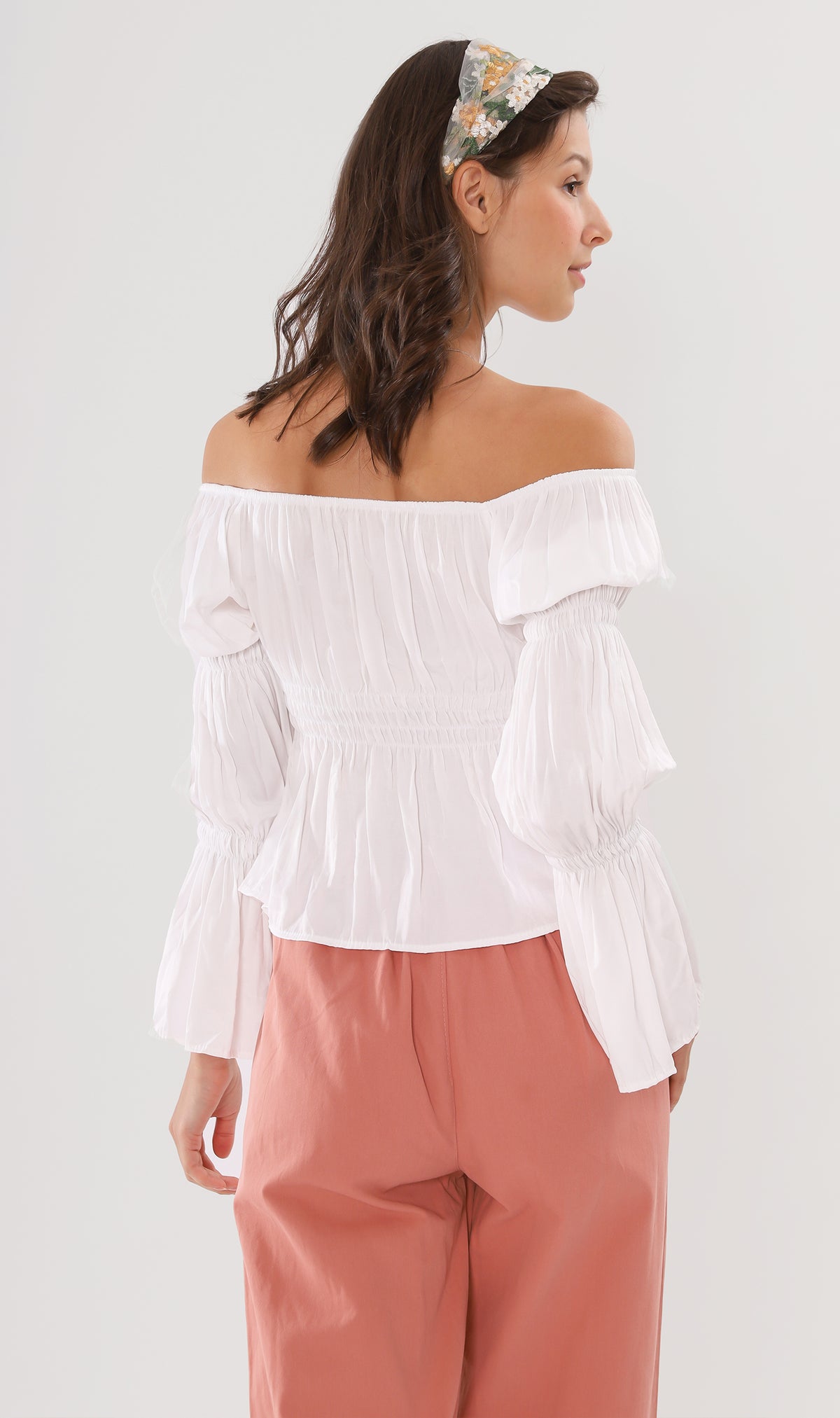 PRISCILLA Tiered-Sleeve Ruched 2-Way Top (White)