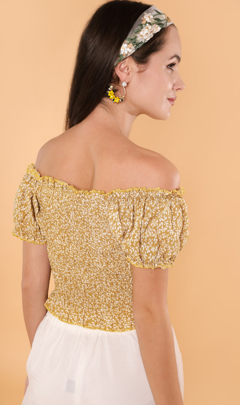 SEBBE Puff-Sleeve Lace-Up Top (Yellow)