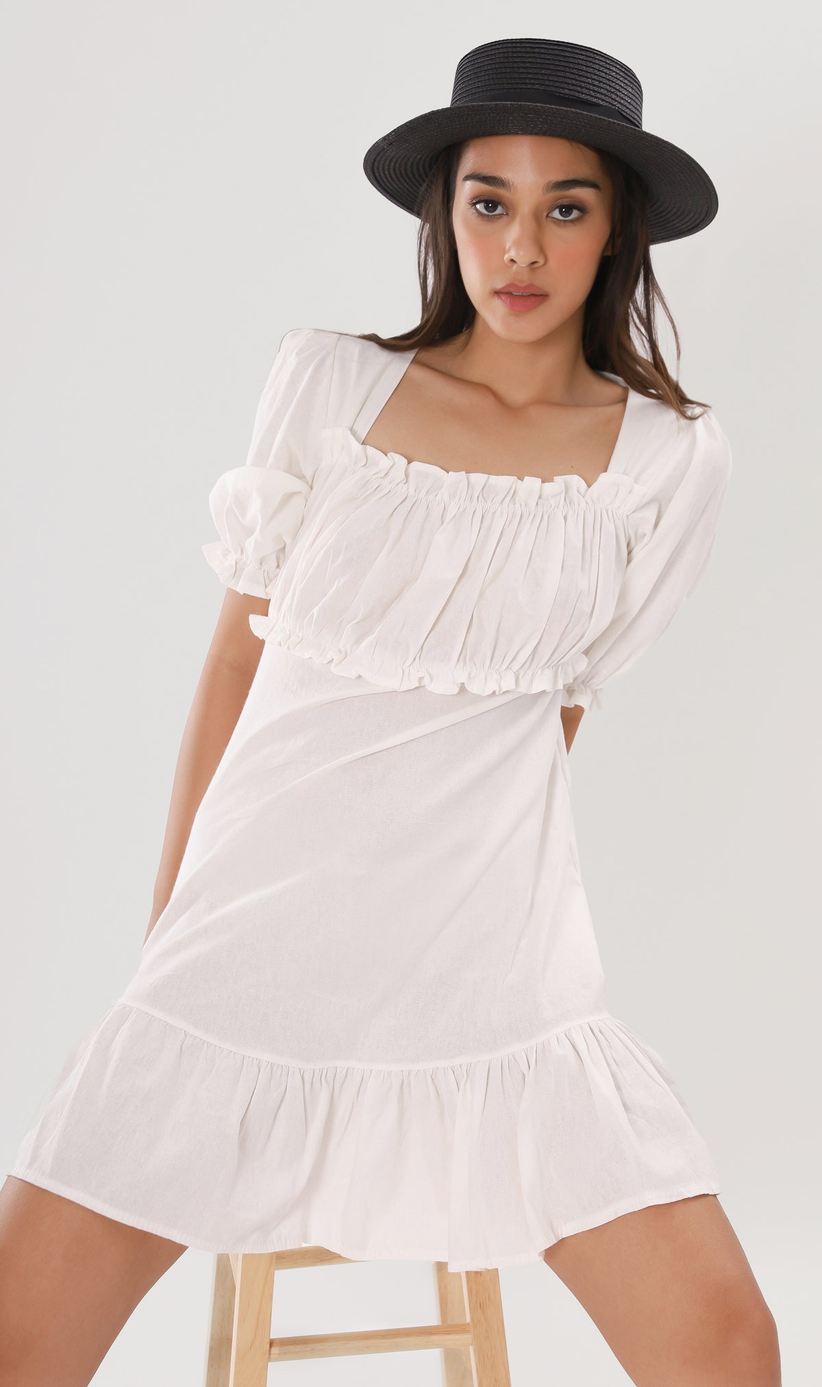 CLAUDETTE Ruched-Bust Ruffled Dress (White)
