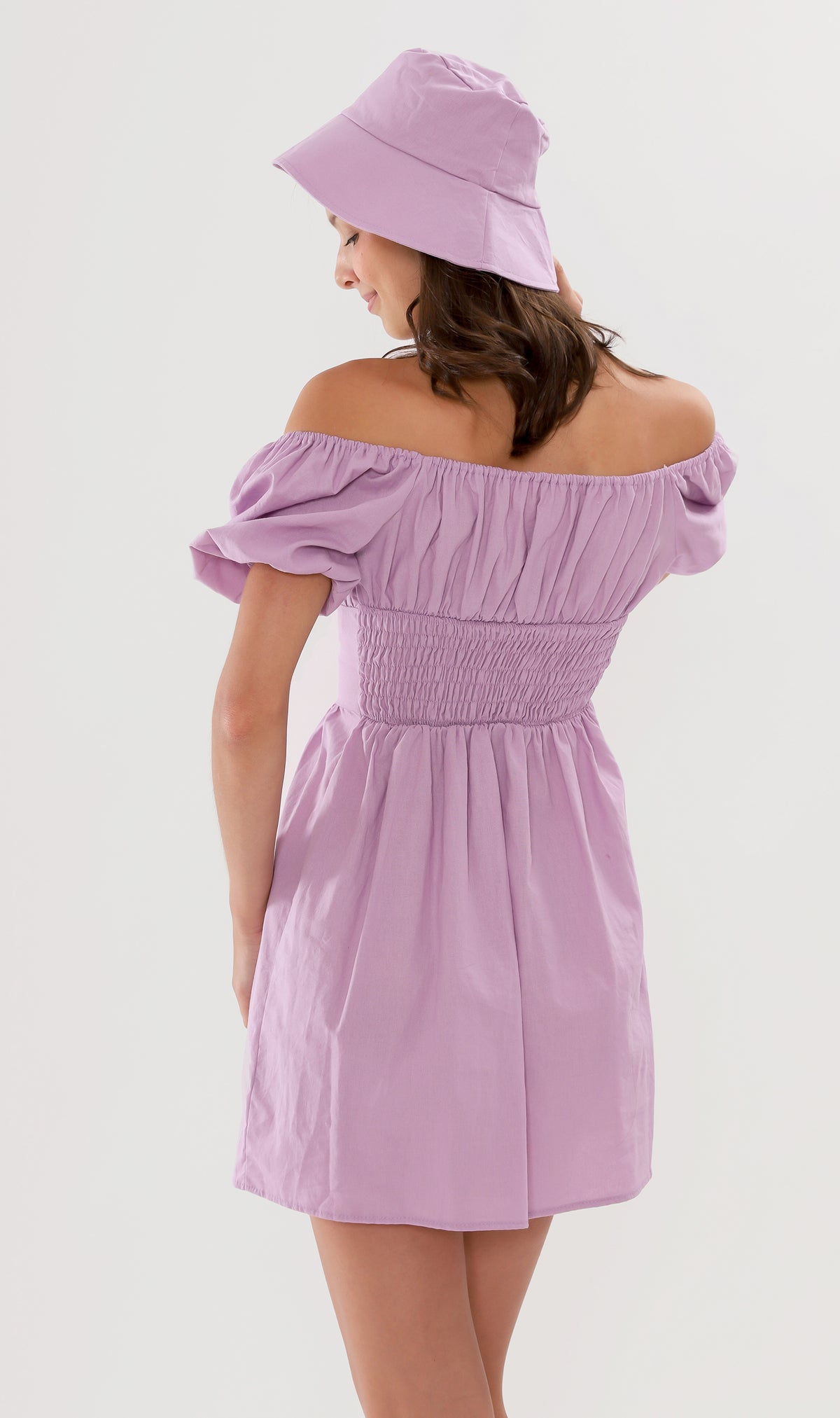 QUINCY Ruched Puff-Sleeve Dress w/ Hat (Lilac)