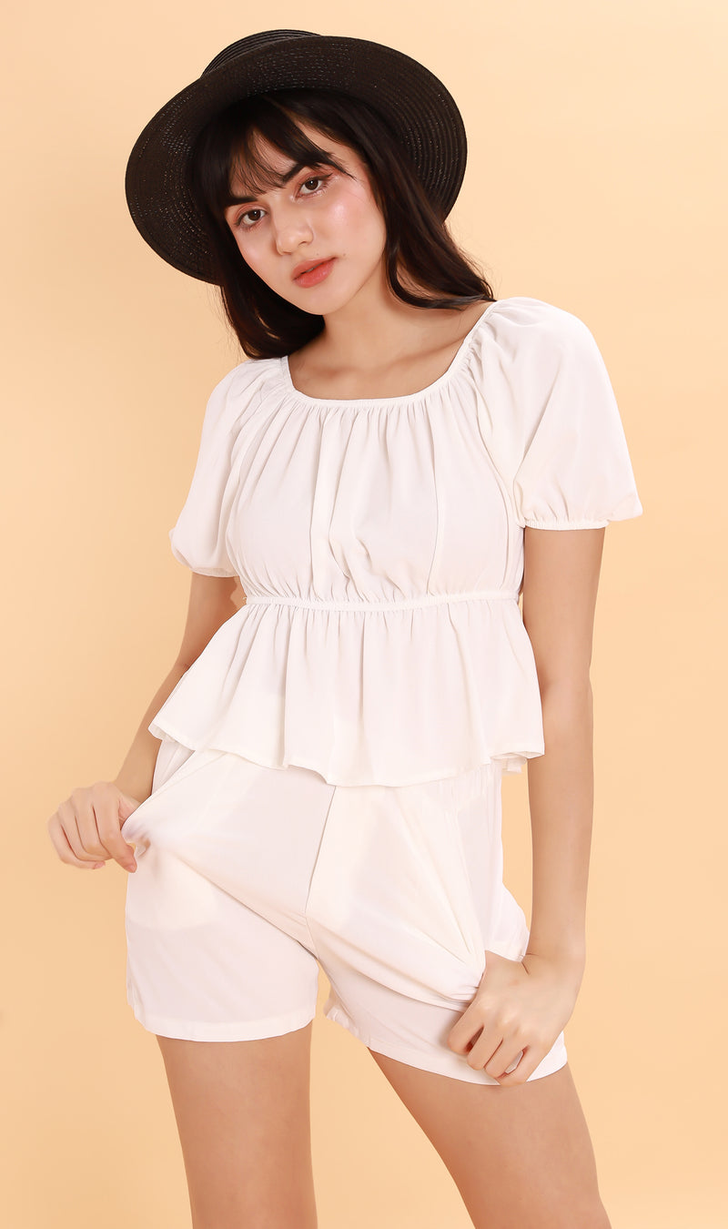 JENNIE Puff-Sleeve Peplum Co-ord (White)