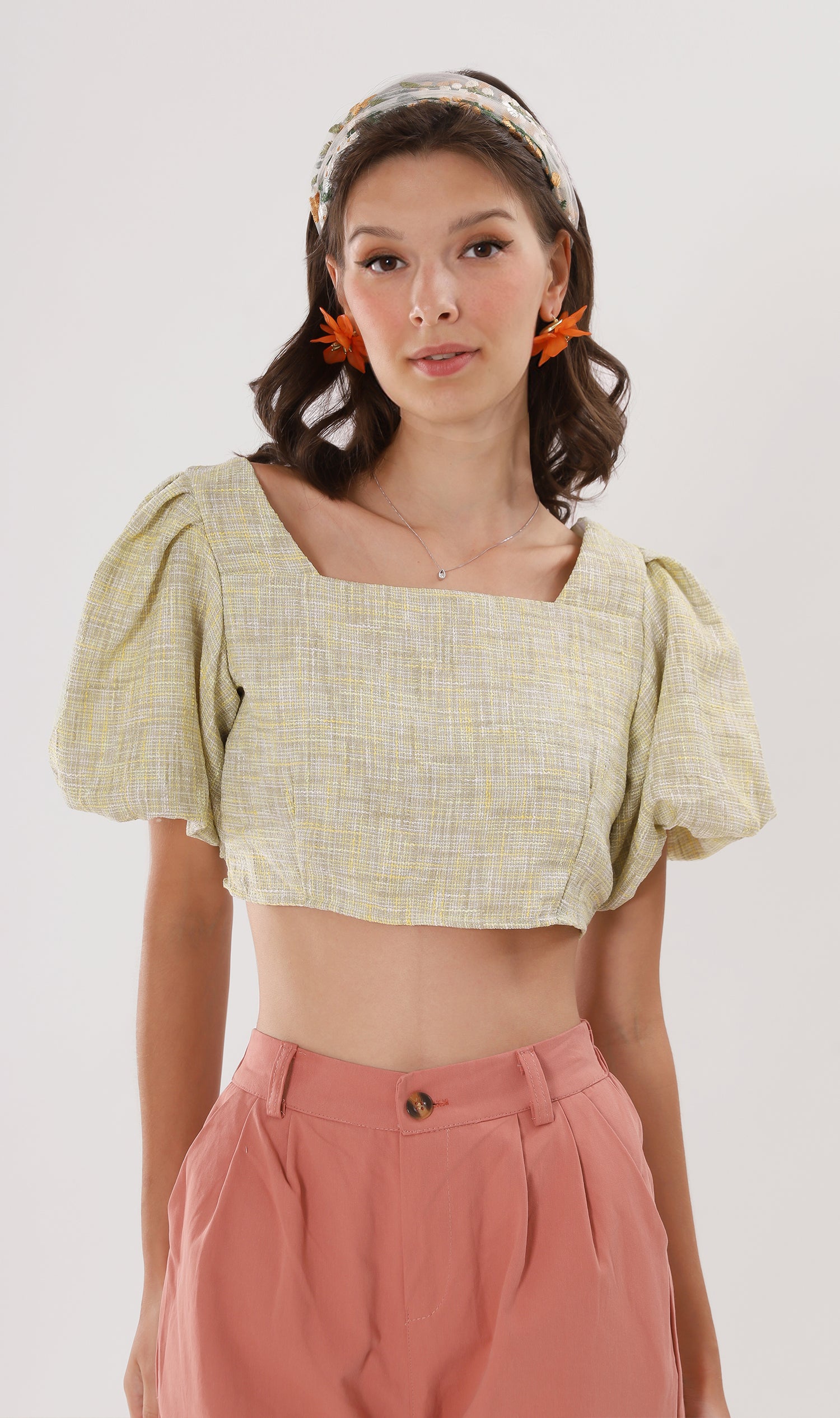SASHA Tweed Puff-Sleeve Crop Top (Yellow) – 1930 Clothing
