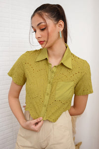 JANE Cropped Button-Down Eyelet Top (Apple Green)