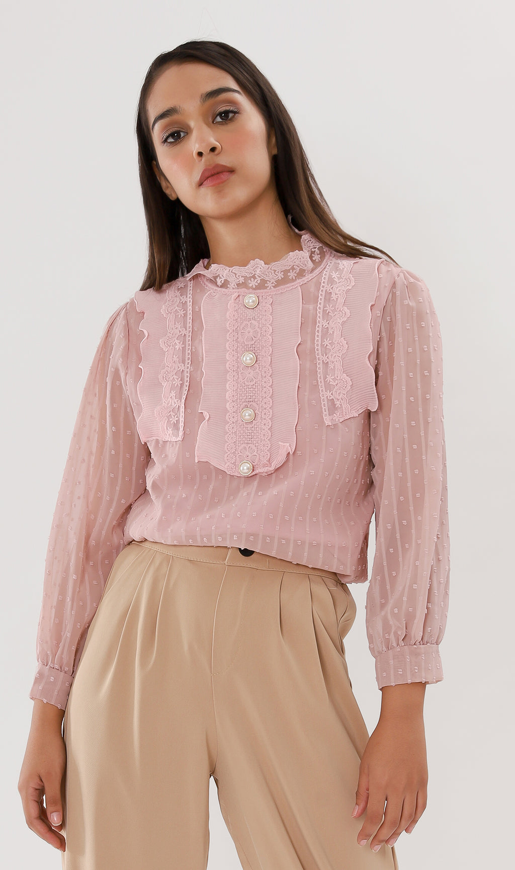 ALORA Lace-Trimmed Long-Sleeve Top (Blush)