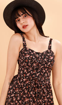 CRESSIDA Floral Lace-Up Midi Dress (Black)