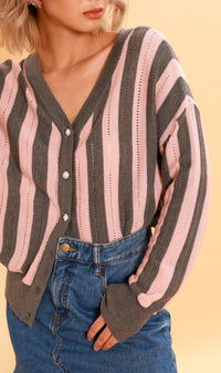 AUDREY Striped Button-Down Cardi (Pink/Gray)