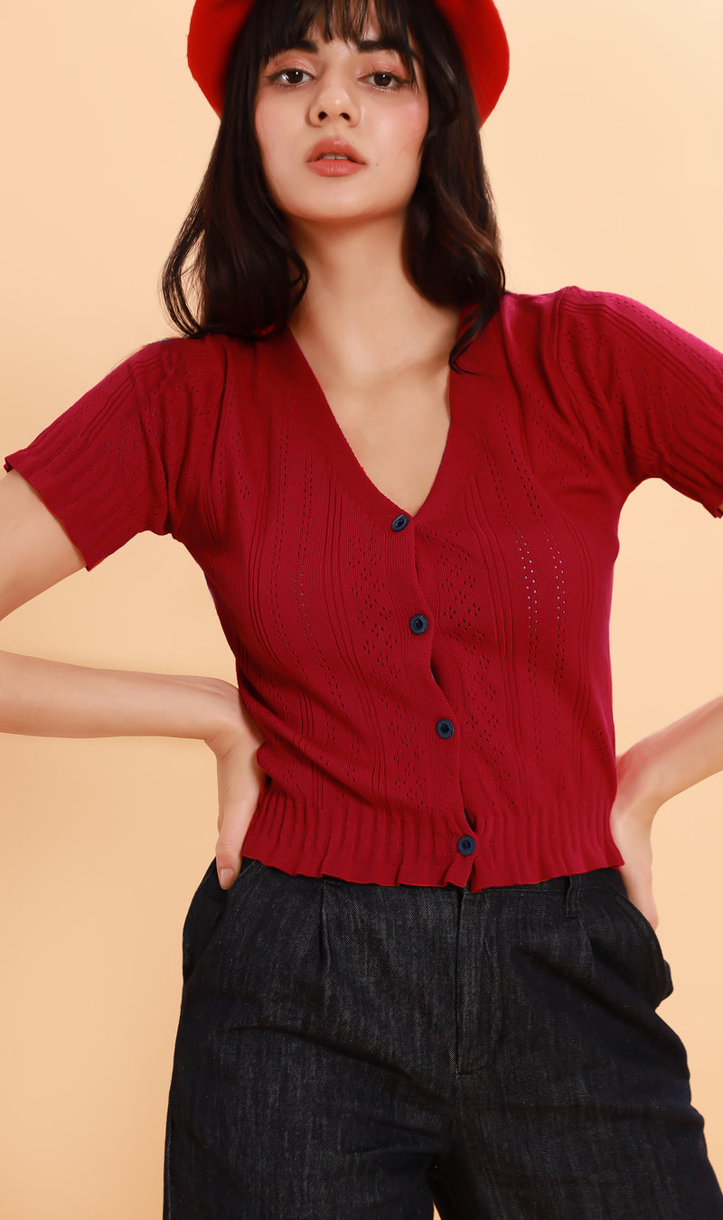 CAMILLE Button-Down Eyelet Cardi (Red)