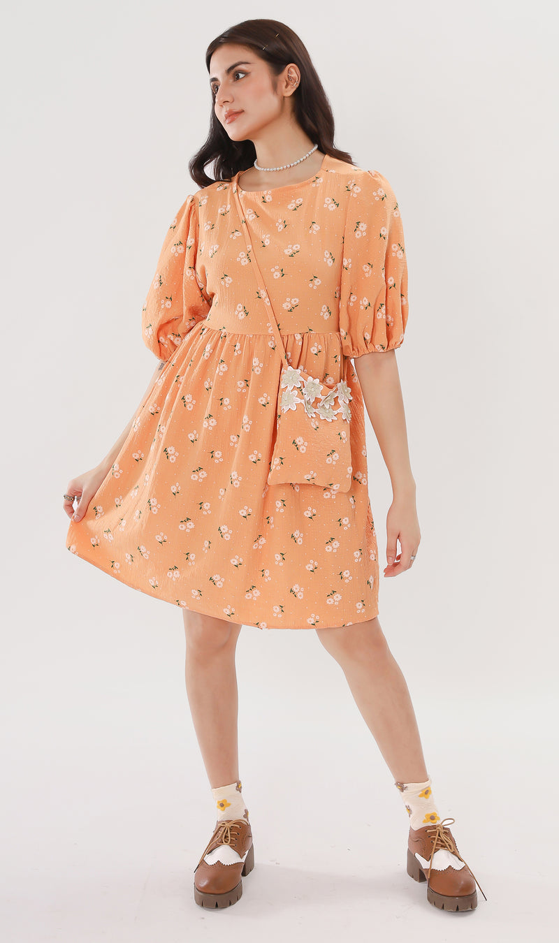 YANA Floral-Print Puff-Sleeve Babydoll Dress w/ Bag (Melon)