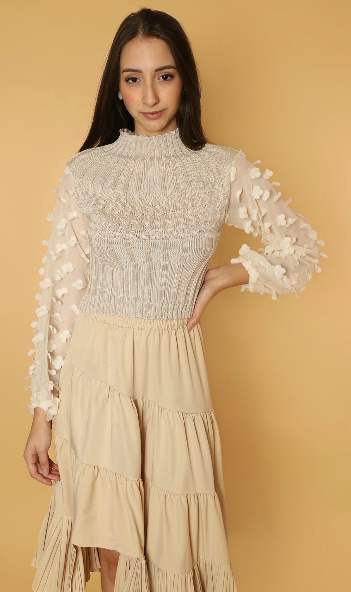 CARYS Floral Accent Knit Sweater (Cream)