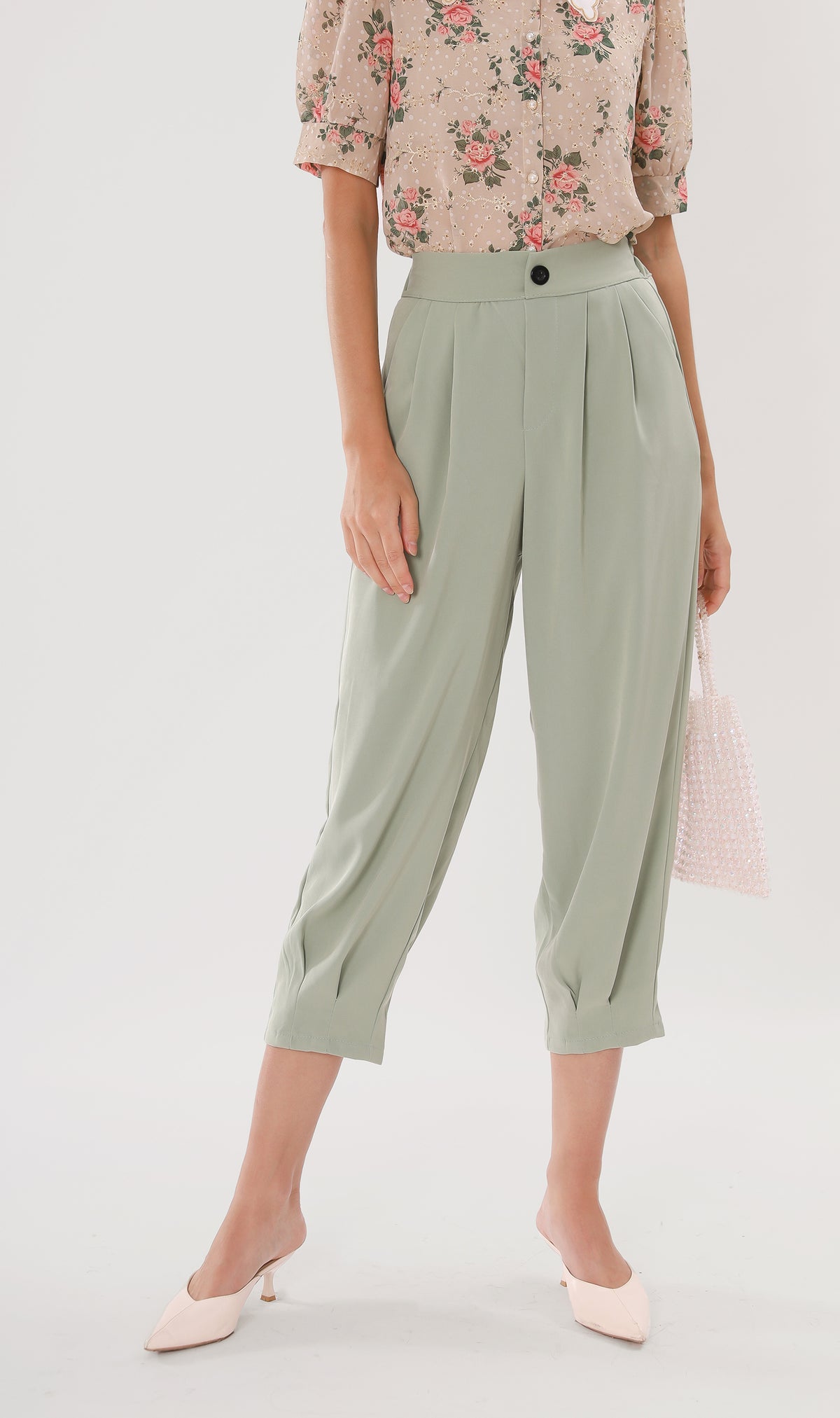 EZRA High-Waisted Pleated Tailored Trousers (Sage)