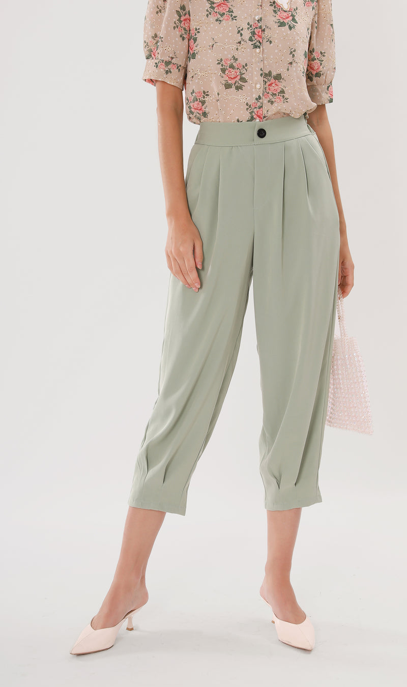 EZRA High-Waisted Pleated Tailored Trousers (Sage)