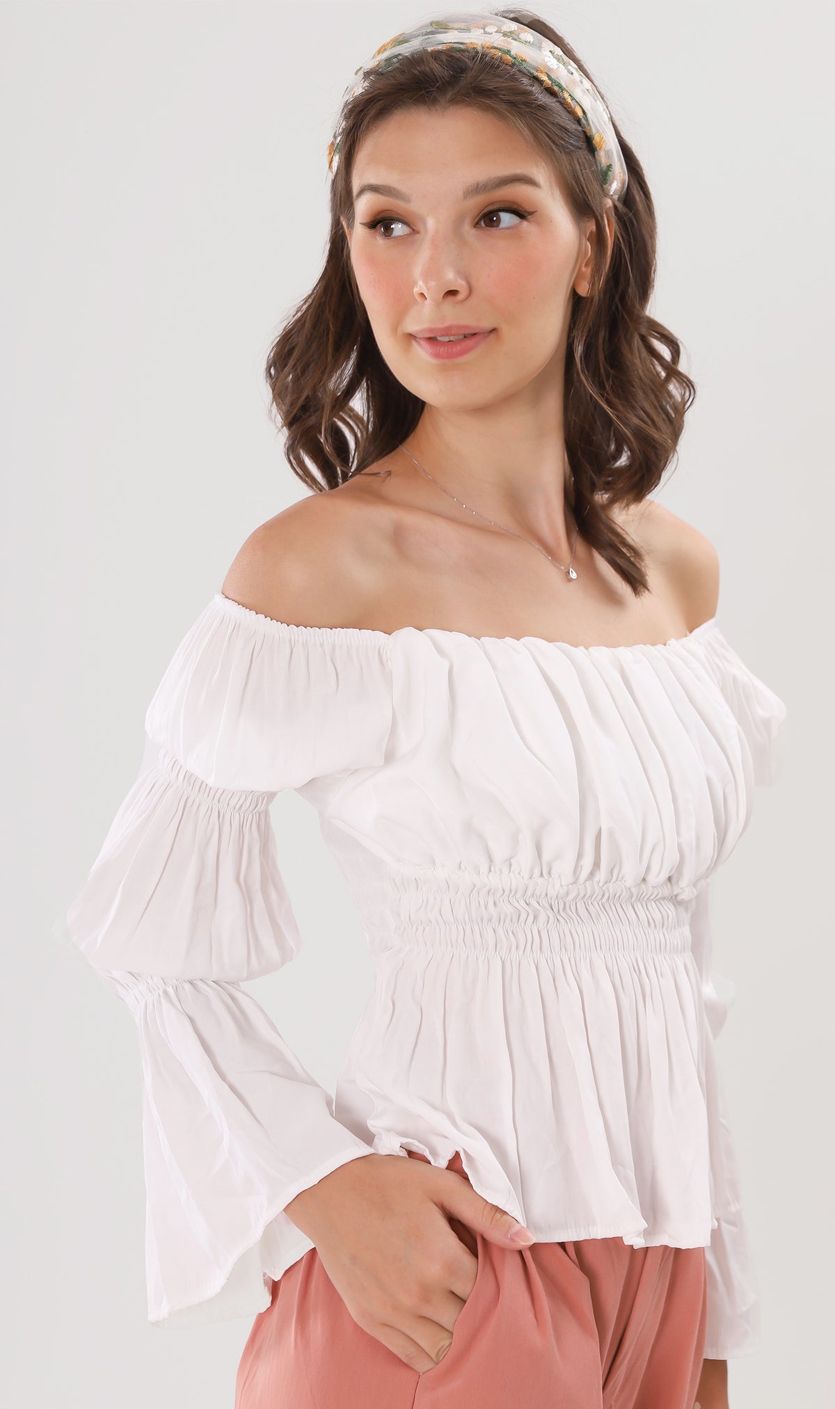 PRISCILLA Tiered-Sleeve Ruched 2-Way Top (White)