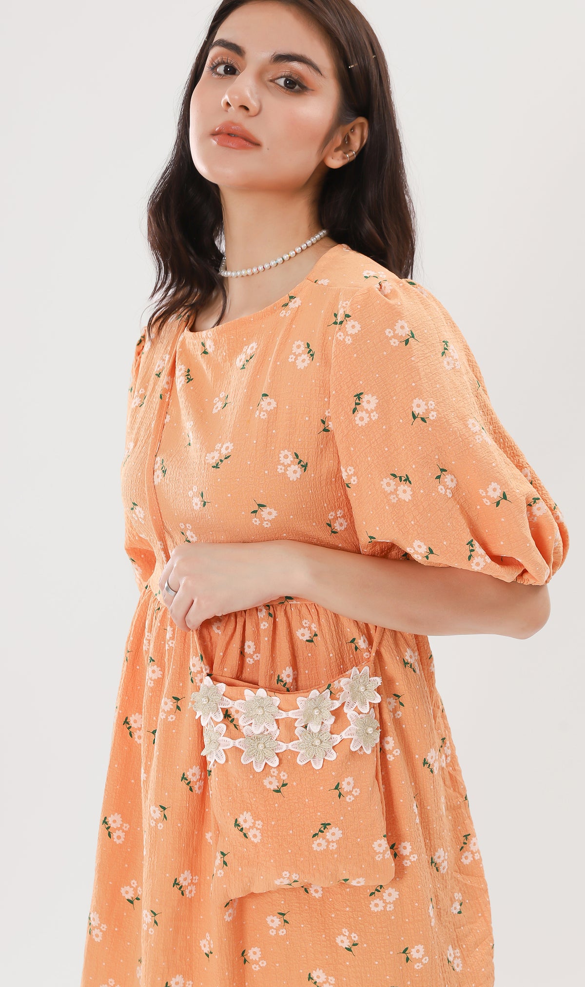 YANA Floral-Print Puff-Sleeve Babydoll Dress w/ Bag (Melon)