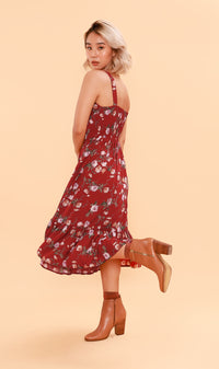 CRESSIDA Floral Lace-Up Midi Dress (Rust Red)