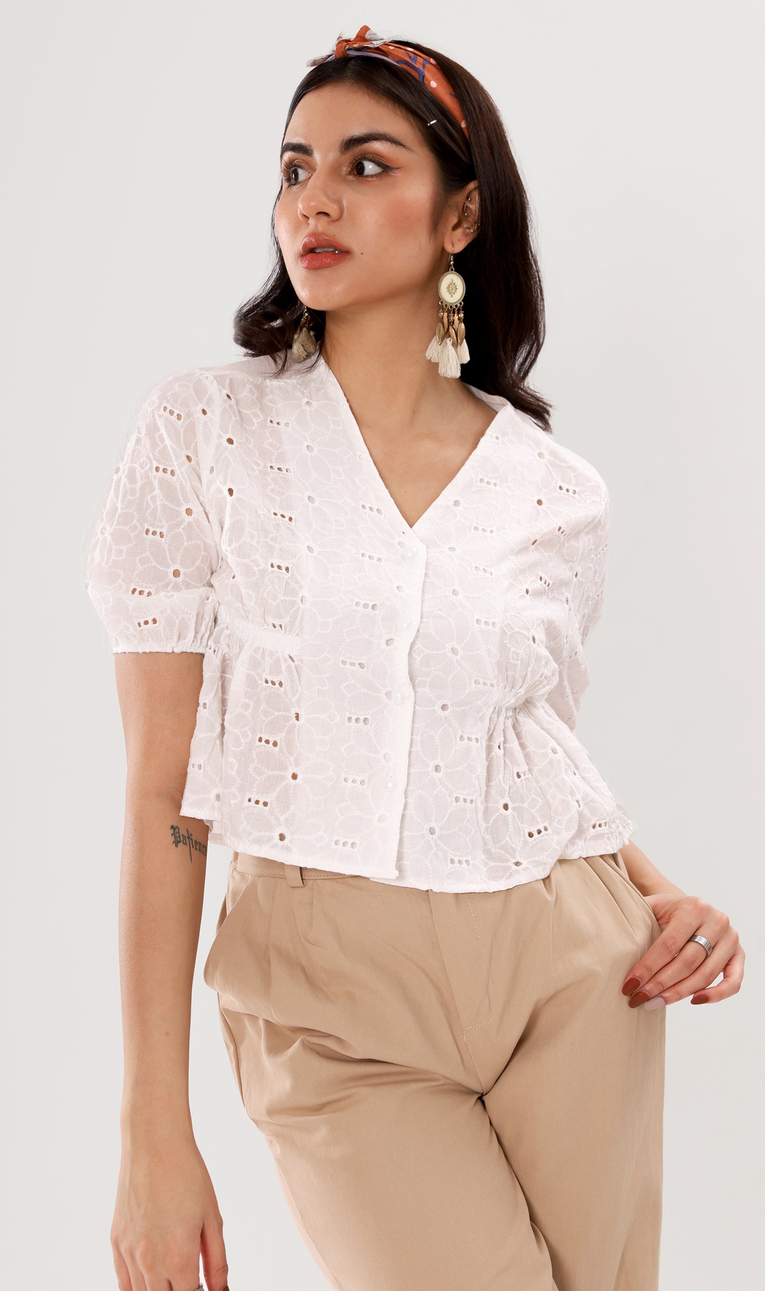 MICAELA Buttoned Eyelet Peplum Top (White) – 1930 Clothing