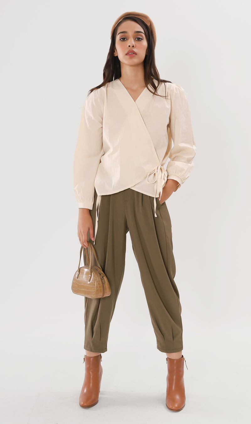EZRA High-Waisted Pleated Tailored Trousers (Olive Brown)