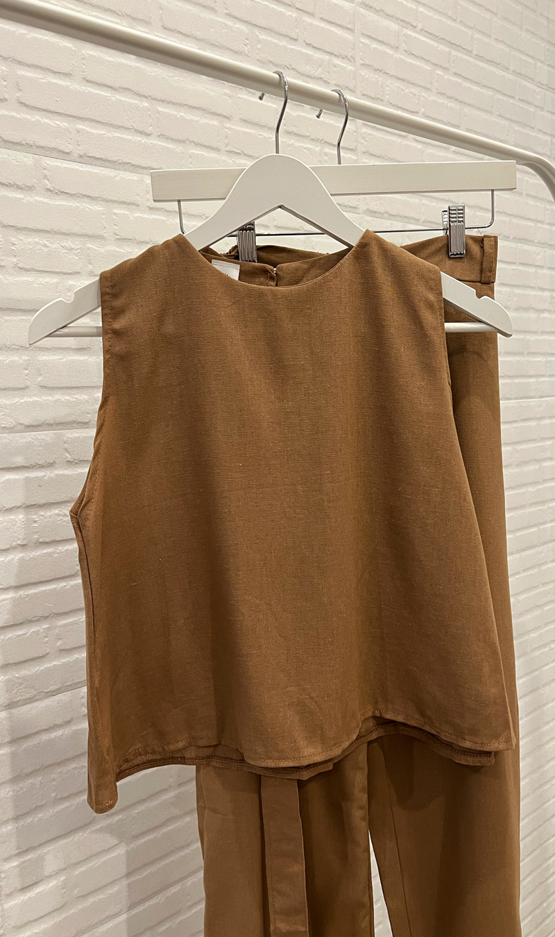 WILLA Linen Sleeveless Top & Belted Pants Co-ord (Mocha)