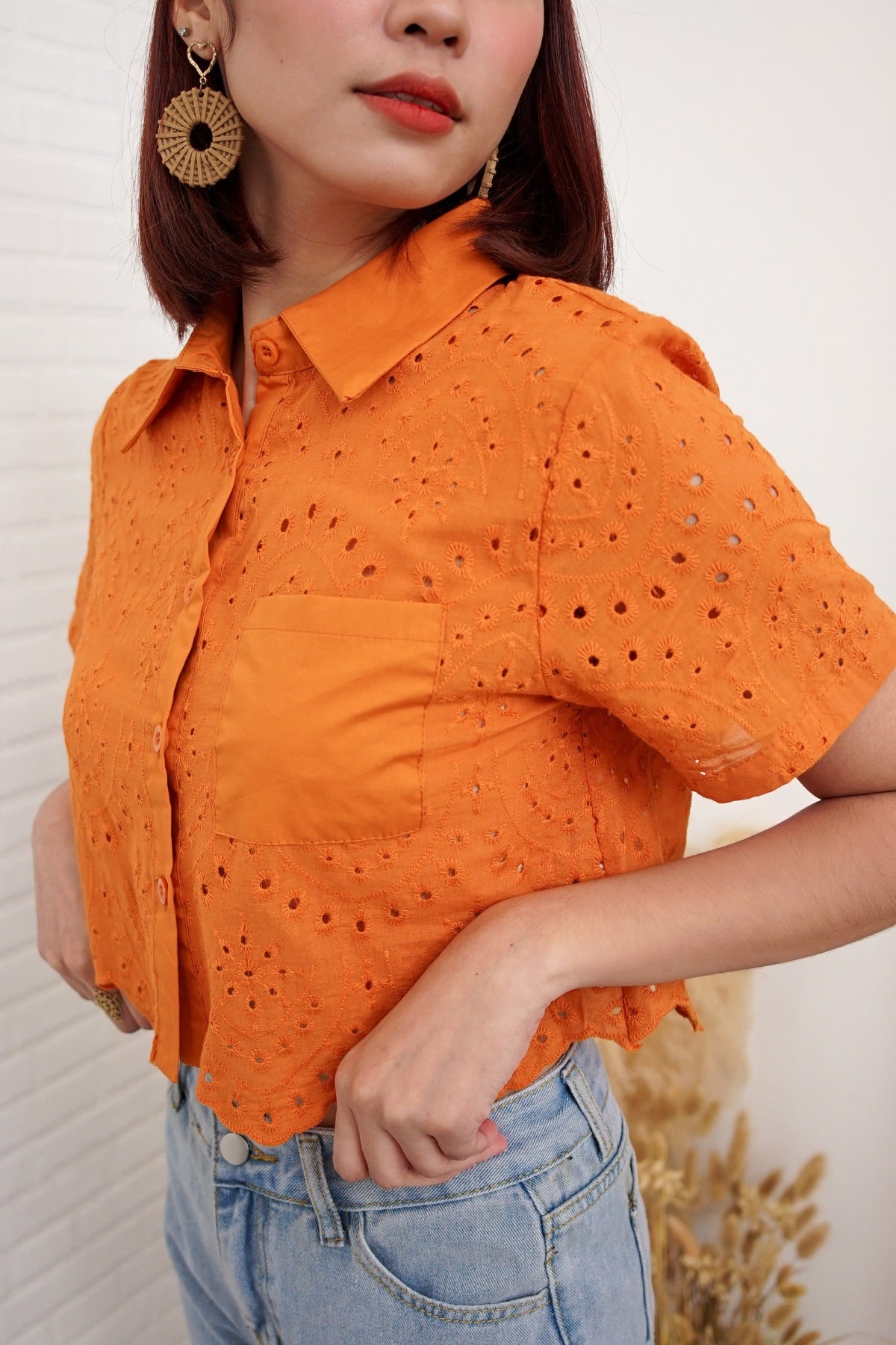 JANE Cropped Button-Down Eyelet Top (Tangerine Orange)