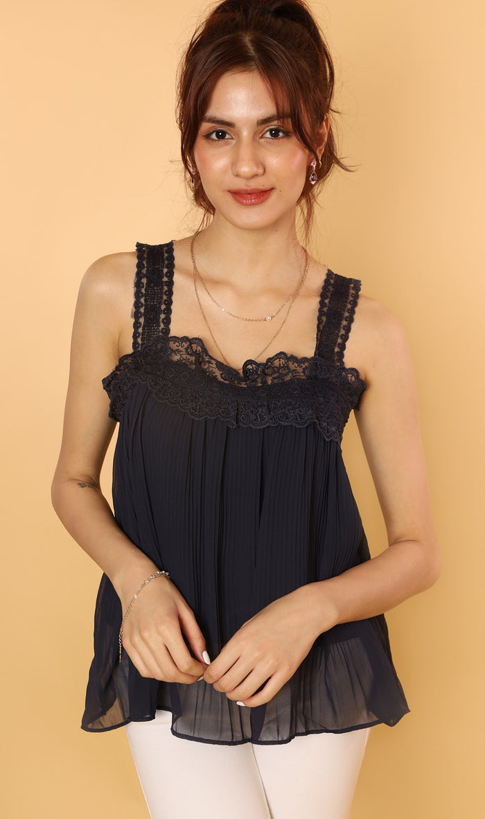 CALLA Lace-Trimmed Pleated Cami (Navy)