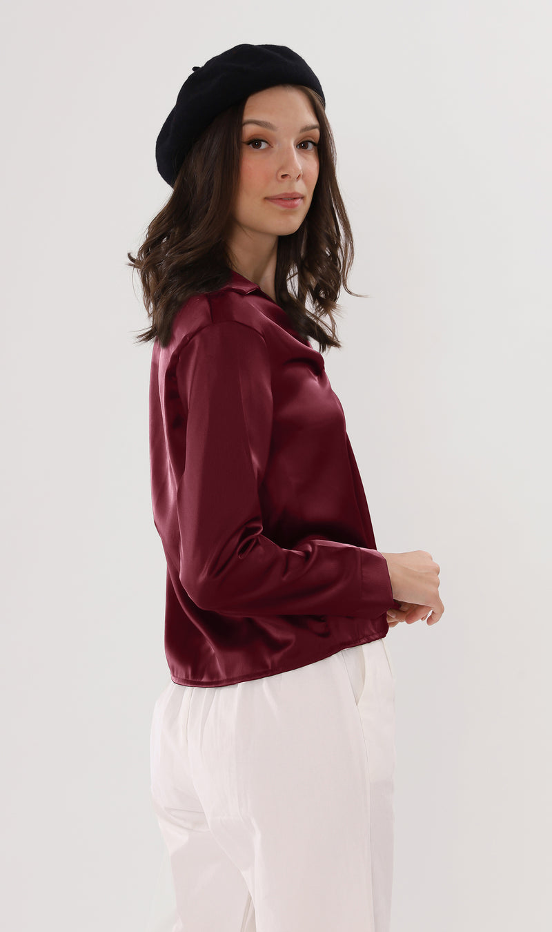 ELLIS Ruched-Front Collared Top (Wine)