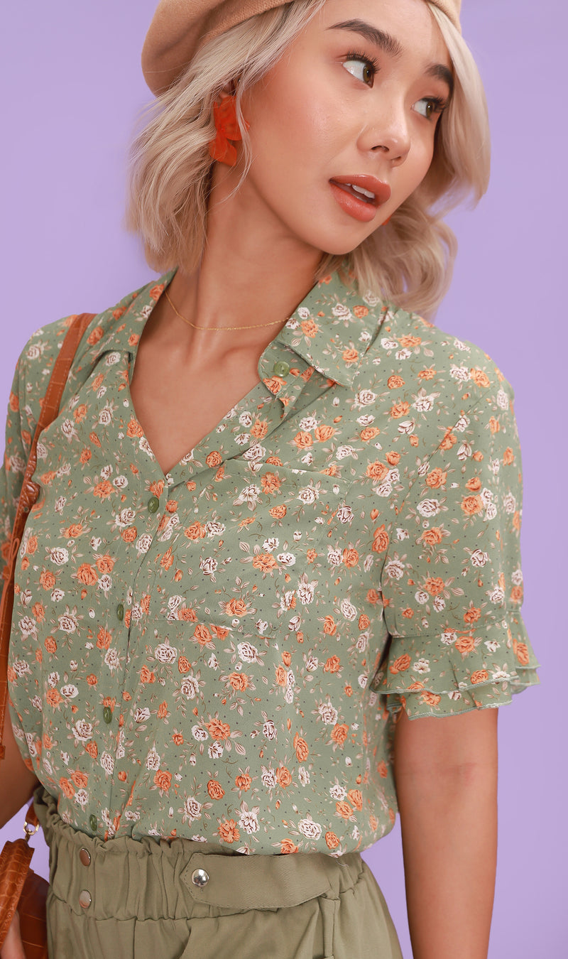 PORTIA Floral Collar Shirt (Sage)