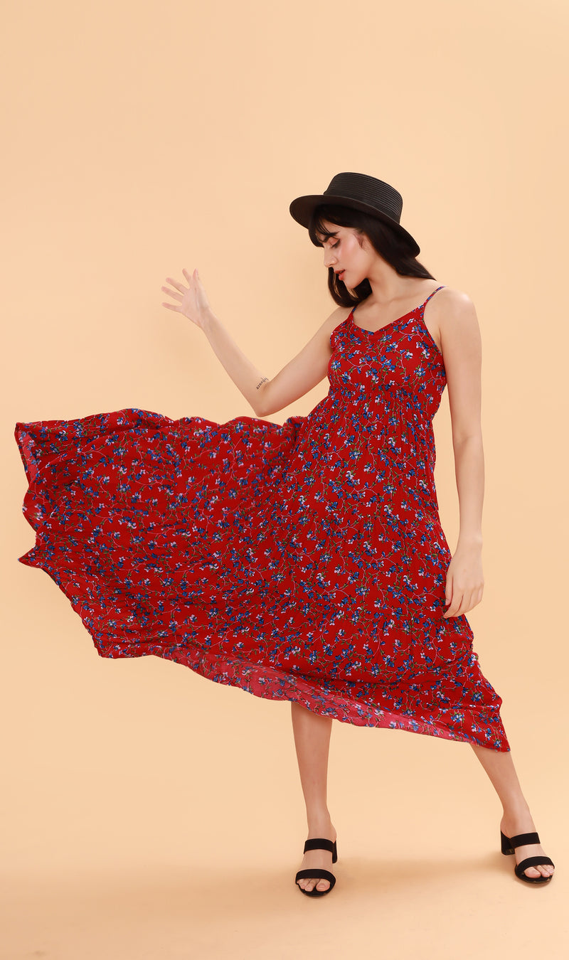 DAHLIA Floral Flowy Dress (Red)